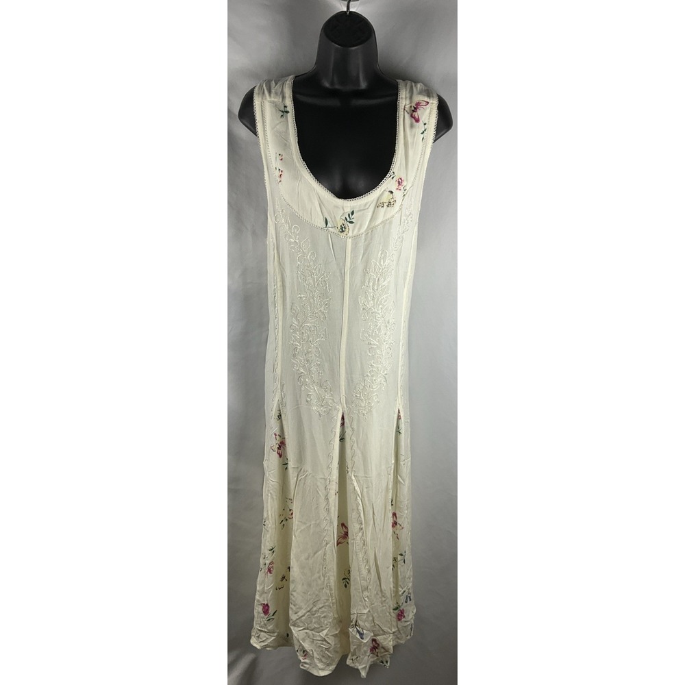 Sakkas Women's Size L/XL  Ivory Floral Embroidered Rayon Sleeveless Midi Dress